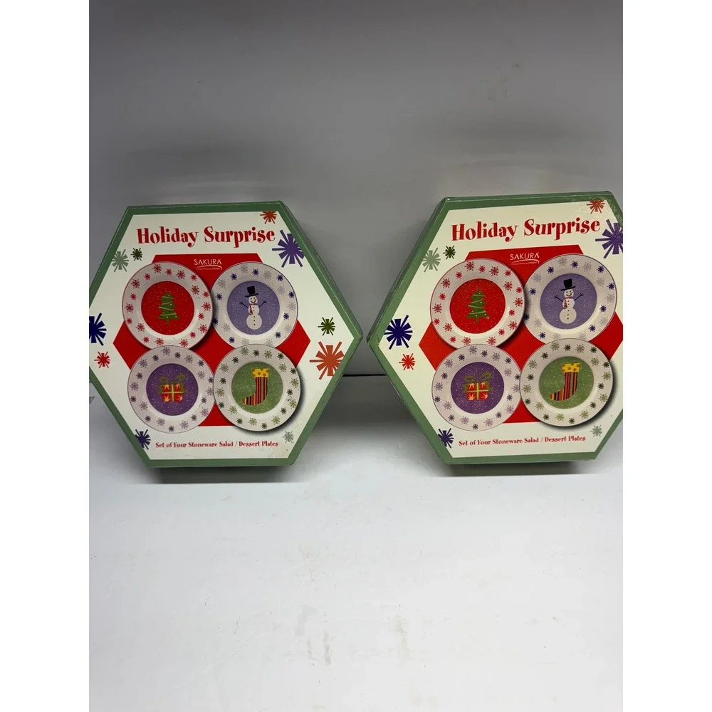 Sakura Holiday Surprise Stoneware Salad Dessert Plates Set of 8 Oneida Christmas